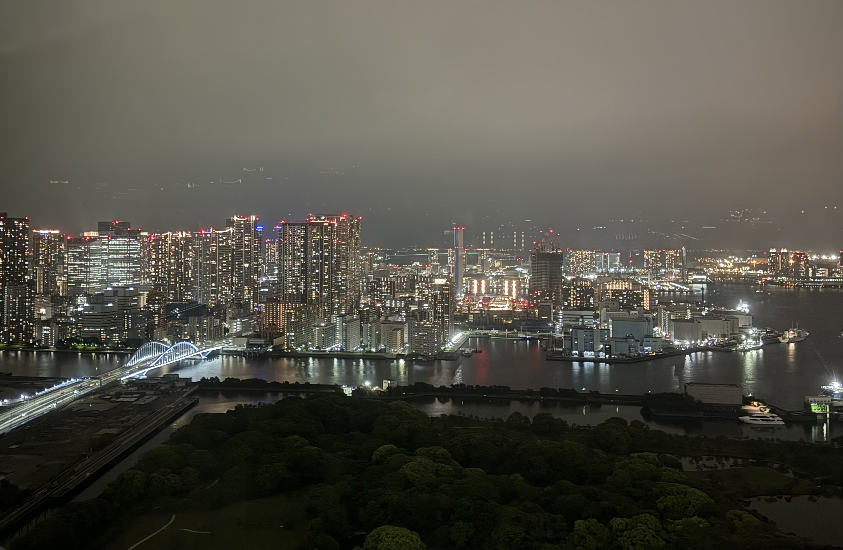 Tokyo skyline at night with illuminated skyscrapers and city lights reflecting across the urban landscape