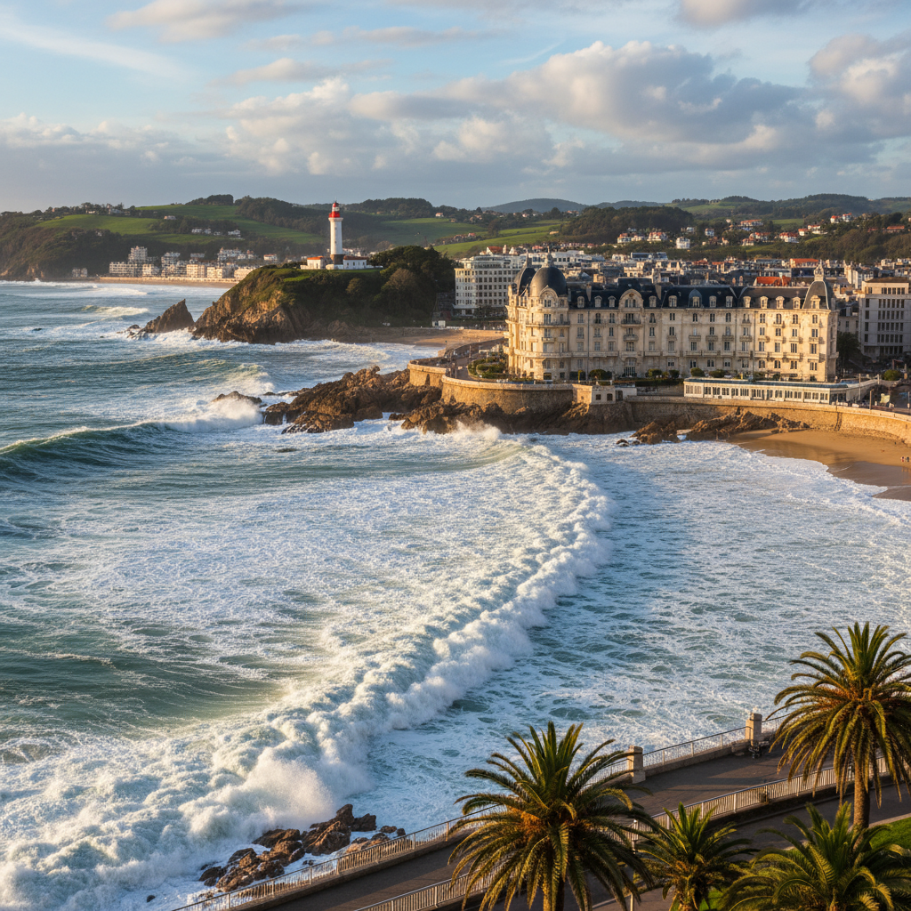 Biarritz France coastal town with dramatic Atlantic ocean waves crashing against rocky cliffs and elegant Belle Epoque architecture
