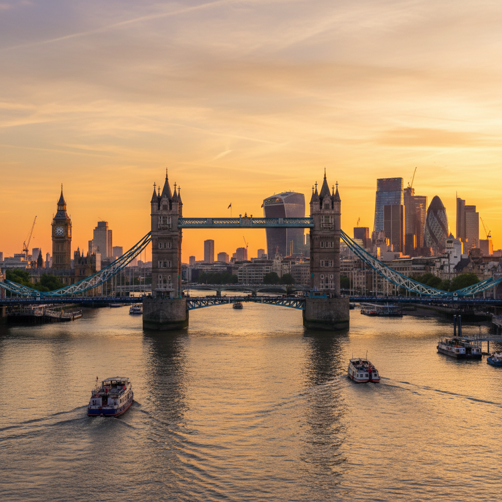 London England iconic Tower Bridge spanning the Thames River at golden hour with the city skyline in the background