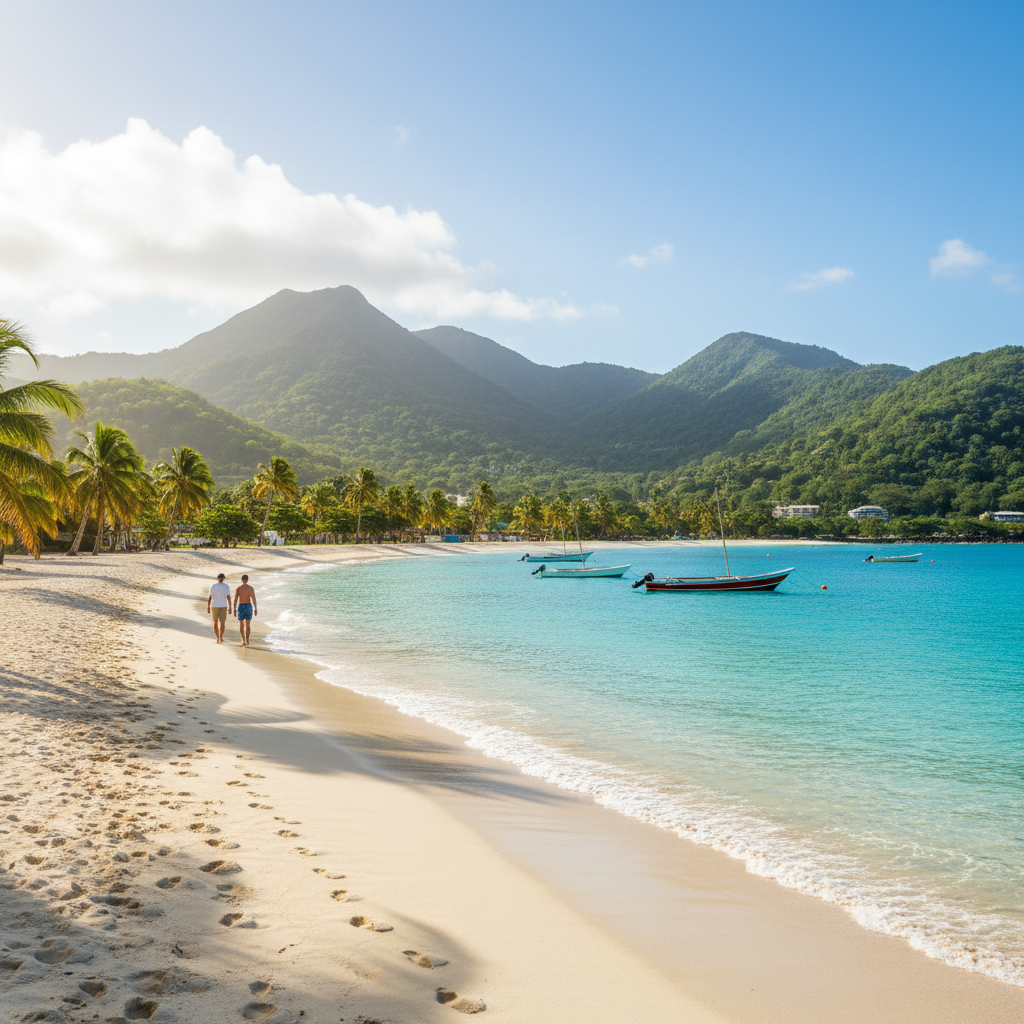 St Kitts Caribbean beach with turquoise water and lush green volcanic mountains rising in the background