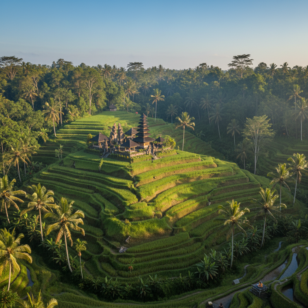 Ubud Bali lush green rice terraces with palm trees and a traditional Balinese temple in a serene tropical landscape